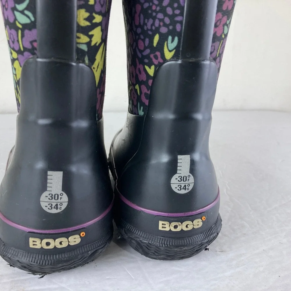 Bogs Rain Snow Boots Girls 11 Black Purple Floral Waterproof‎ Insulated Winter
